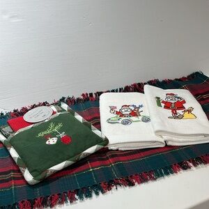 Christmas bundle includes 68” table runner, 2 Santa towels, kitchen towel &